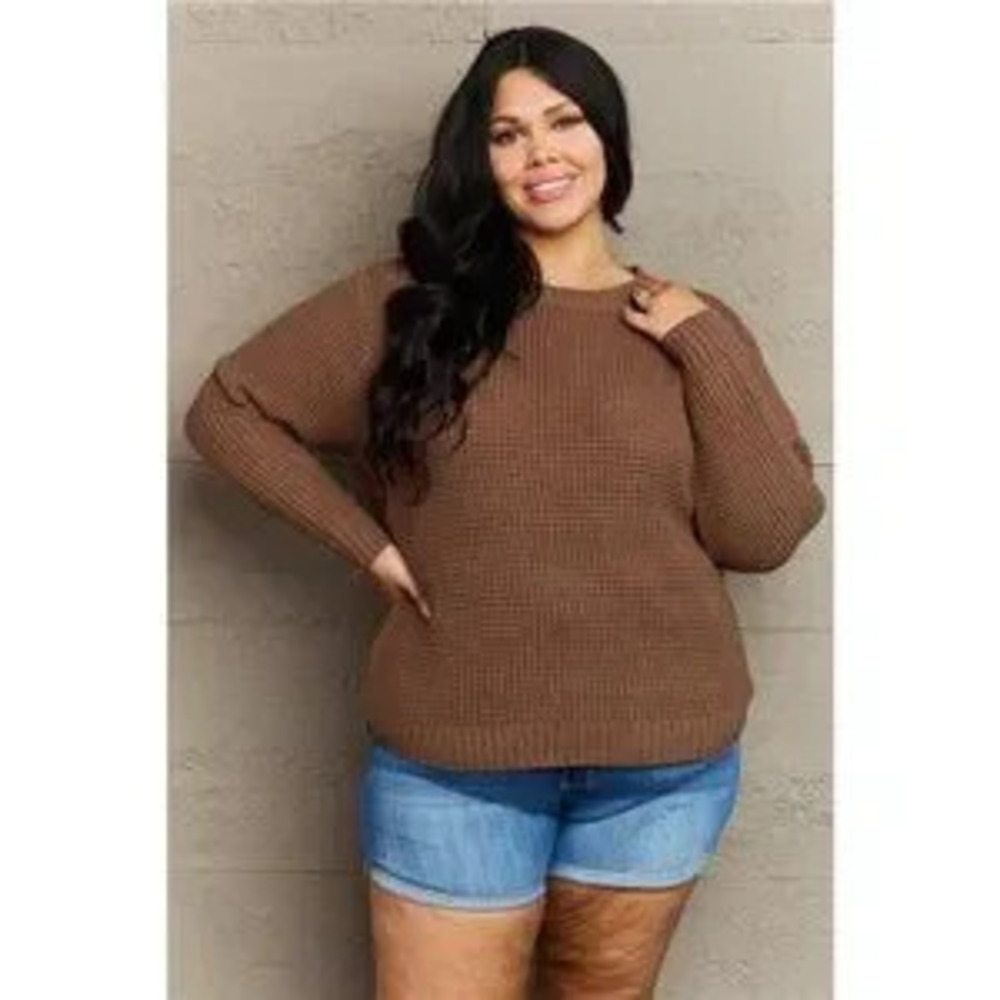 Zenana Breezy Days Plus Size High Low Waffle Knit Sweater